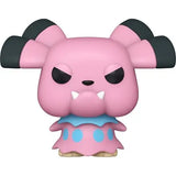 Pink cartoon monster Snubbull Funko Pop with black pigtails and a blue dress