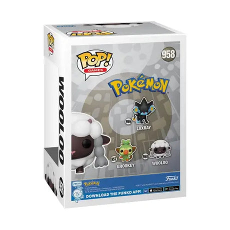 Funko Pop Pokemon Vinyl Figure box featuring Luxray, Grookey, and Wooloo