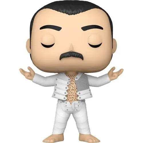 Freddie Mercury Funko Pop figure in white suit with ruffles and outstretched arms