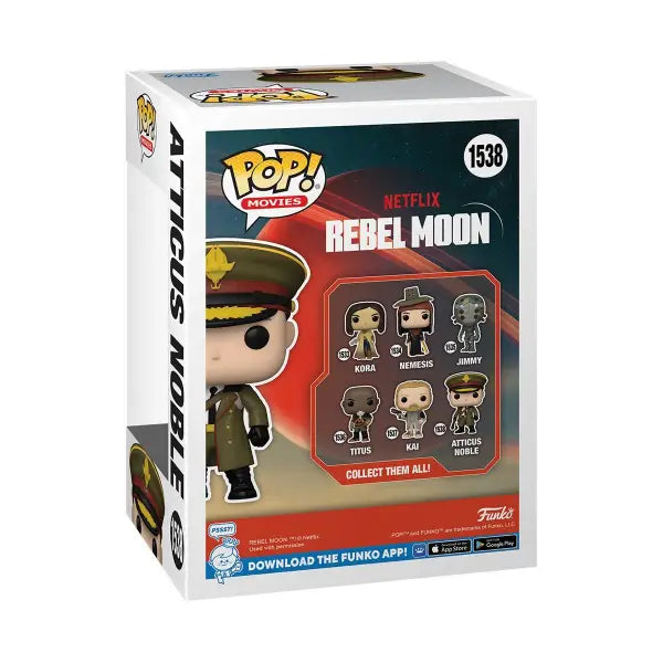 Rebel Moon Atticus Noble Funko Pop Vinyl Figure #1538 box featuring character design