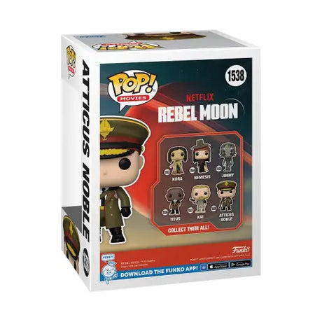 Rebel Moon Atticus Noble Funko Pop Vinyl Figure #1538 box featuring character design