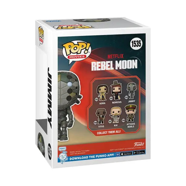 Funko Pop Rebel Moon Jimmy Vinyl Figure #1535 box showcasing character designs