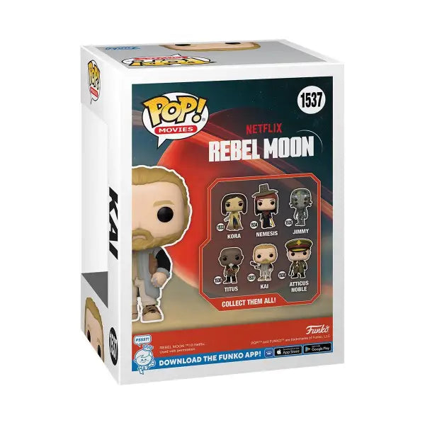 Rebel Moon Kai Funko Pop vinyl figure box with character illustrations from Rebel Moon