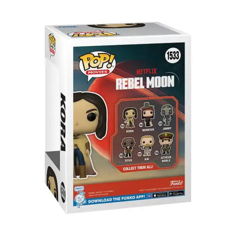 Rebel Moon Kora Funko Pop Vinyl Figure #1533 box showcasing character designs from Rebel Moon