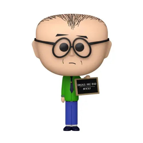 South Park Mr. Mackey Funko Pop holding Drugs are bad sign in green shirt and glasses