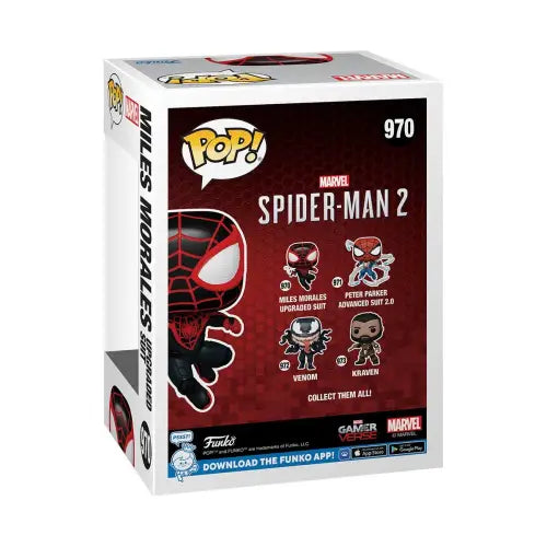 Funko Pop Marvel Spider-Man 2 display featuring Miles Morales Upgraded Suit variants