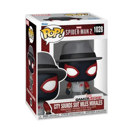 Funko Pop figure of Miles Morales in black fedora from Spider-Man 2 Video Game City Sounds