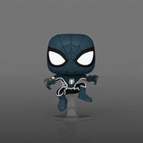 Funko Pop vinyl figure of Spider-Man in black symbiote suit, glow-in-the-dark design