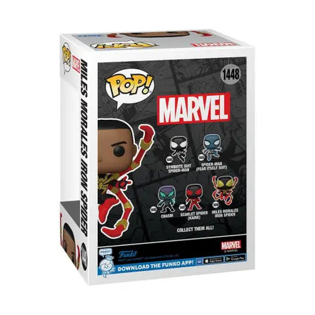 Funko Pop Marvel collectible box featuring Miles Morales Iron Spider #1448 character designs