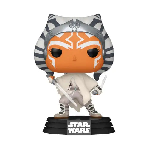 Funko Pop Ahsoka Tano from Star Wars in white robes with dual lightsabers