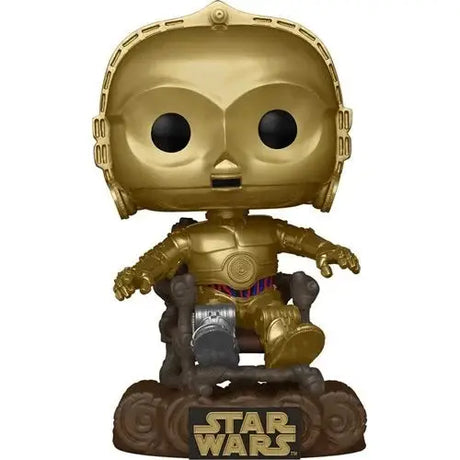 Gold Star Wars C-3PO Funko Pop in chair celebrating Jedi 40th Anniversary vinyl figure