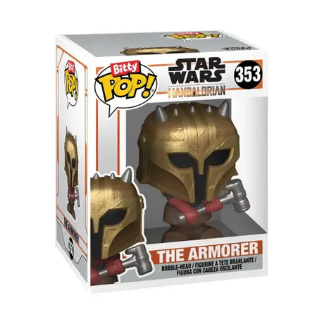 Funko Bitty Pop figure of The Armorer from The Mandalorian with gold helmet