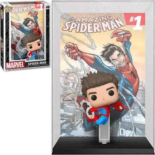 Funko Pop Spider-Man swinging with The Amazing Spider-Man #1 comic cover figure display