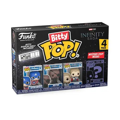 Captain America Funko Bitty Pop vinyl figures with box of pop from the Infinity Saga