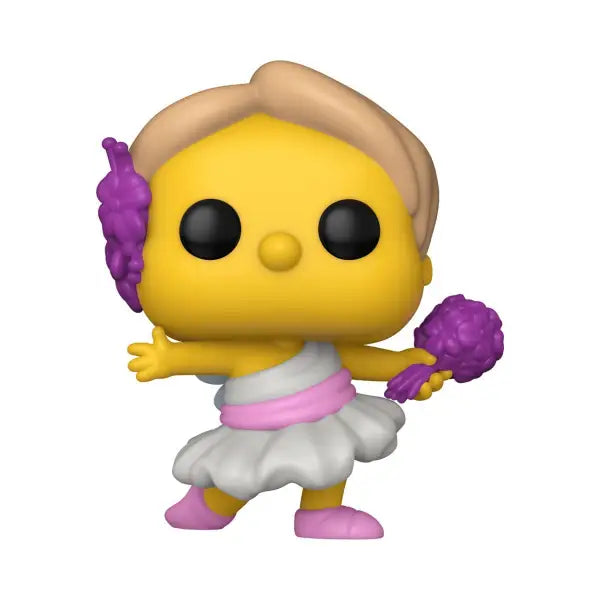 Yellow Funko Pop of Simpsons Martin as Calliope in tutu with purple pom-poms