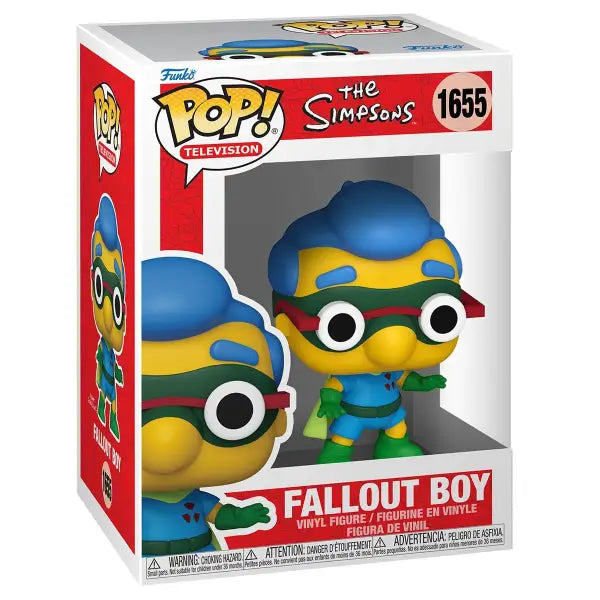 Funko Pop vinyl figure of Milhouse as Fallout Boy from The Simpsons wearing superhero costume