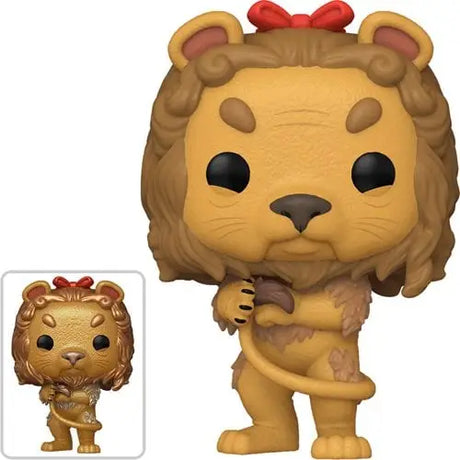 Funko Pop figure of the Cowardly Lion in a red bow for the 85th Anniversary collection