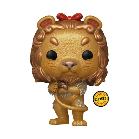 Funko Pop figure of the 85th Anniversary Cowardly Lion in a red bow and black eyes