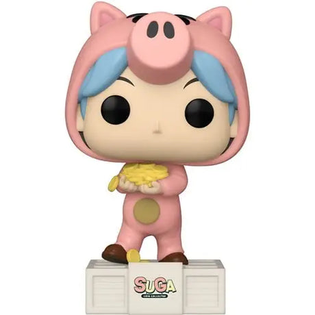 Cartoon figurine of Toy Story x TinyTAN Funko Pop Suga in pink pig costume with blue hair