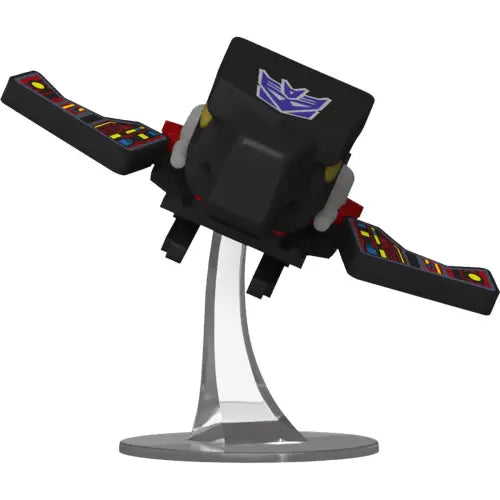 Black robotic drone with colorful wings as Transformers Laserbeak Funko Pop display