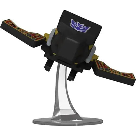 Black robotic Laserbeak Funko Pop with wings on display stand in Transformers series