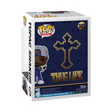 Tupac Shakur Funko Pop vinyl figure box with Thug Life branding on navy blue background