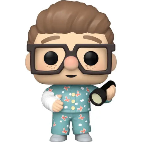 Up Young Carl Funko Pop figure in teal scrubs with glasses and coffee mug