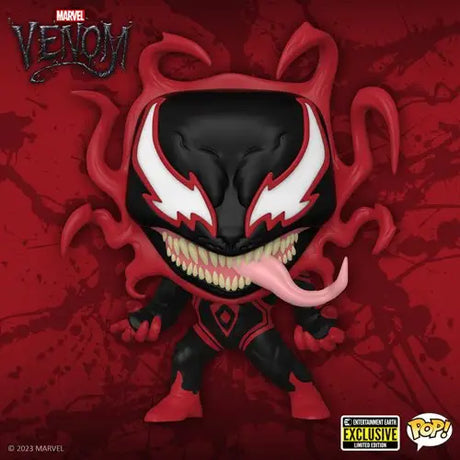 Venom Carnage Miles Morales Vinyl Figure Pop displayed on red background.