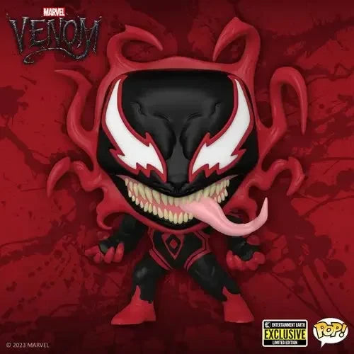 Venom Carnage Miles Morales Vinyl Figure Pop displayed on red background.