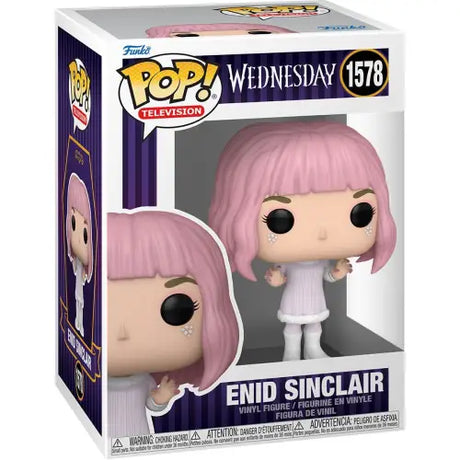 Funko Pop Enid Sinclair figure in white outfit and pink hair from Wednesday Rave’n Dance