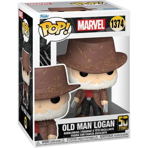 Old Man Logan Funko Pop figure wearing a brown hat and coat for Wolverine 50th Anniversary