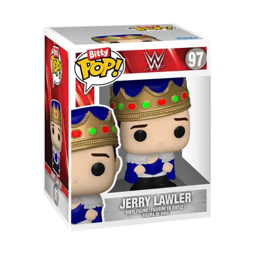 Funko Pop vinyl figure of Jerry Lawler in crown and blue attire from Funko Bitty Pop pack