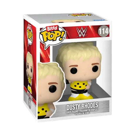 Funko Bitty Pop of WWE wrestler Dusty Rhodes in yellow polka dot outfit