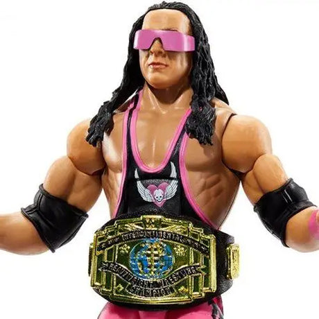 6’ WWE Elite Collection Bret Hart Figure - Close up of toy wrestler with pink belt.