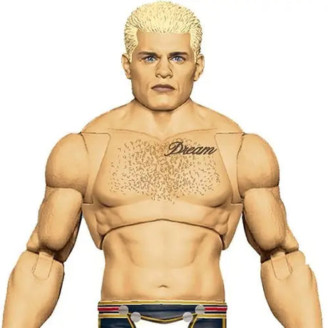 Action figure of muscular WWE Ultimate Edition Cody Rhodes with blonde hair and chest tattoo