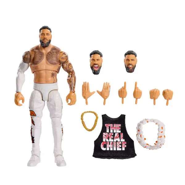 Action figure of muscular man with tattoos, WWE Ultimate Edition Jey Uso, interchangeable parts