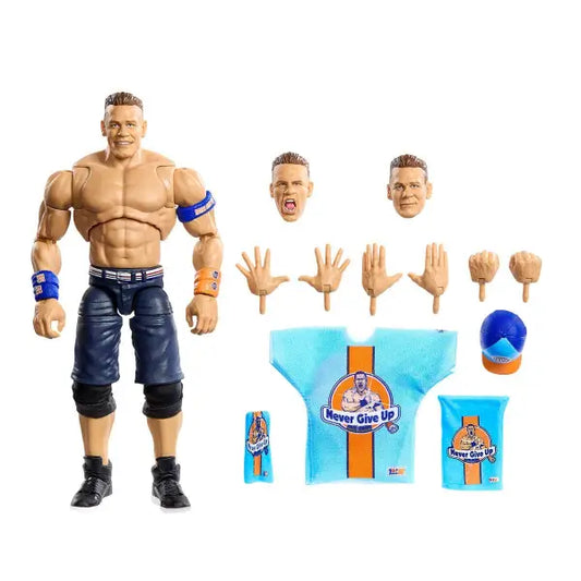 Action figure of muscular male wrestler from WWE Ultimate Edition John Cena with accessories