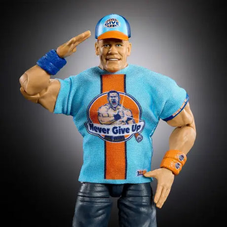 Action figure of muscular man in blue t-shirt and cap from WWE Ultimate Edition