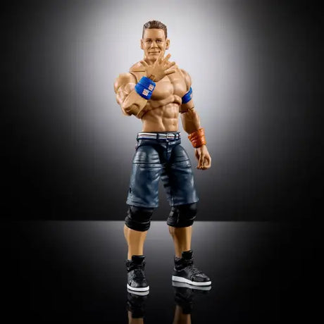 Action figure of muscular shirtless wrestler in jeans from WWE Ultimate Edition John Cena