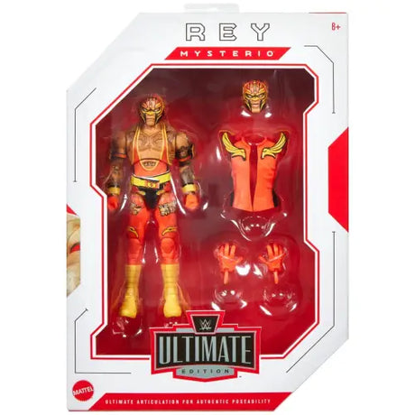 WWE Ultimate Edition Rey Mysterio action figure in red and gold attire with accessories