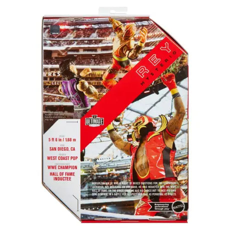 WWE Ultimate Edition Wave 23 Rey Mysterio Action Figure packaging with red design elements