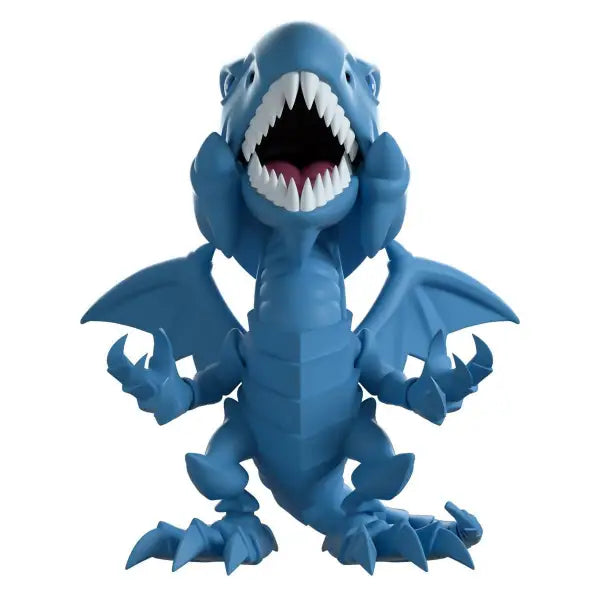 Blue cartoon dragon toy with sharp teeth from Blue-Eyes White Dragon production run