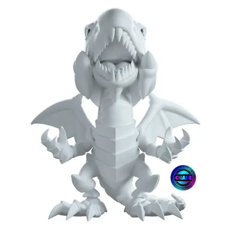 White cartoon-style Blue Eyes White Dragon figurine with open mouth and wings spread