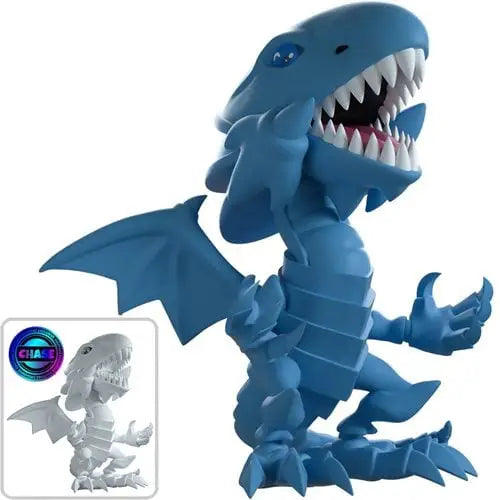 Cartoon-style Blue Eyes White Dragon vinyl figure with sharp teeth and claws