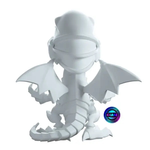 White cartoon-style Blue Eyes White Dragon figurine with wings and curled tail