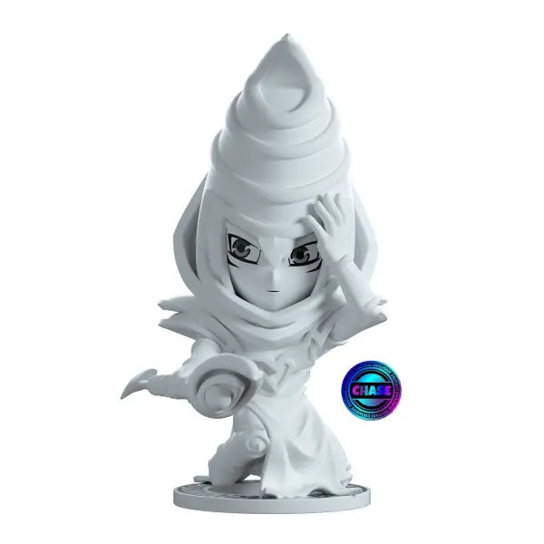 White figurine of Dark Magician with conical head from production run of Yu-Gi-Oh! collection