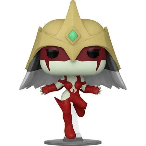 Elemental Hero Burstinatrix Funko Pop figure in red suit with gold winged helmet