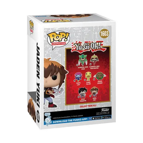 Jaden Yuki Funko Pop! Vinyl Figure #1603 box with Yu-Gi-Oh! collectibles and characters